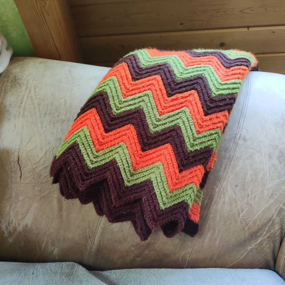 1970s Crochet Blanket Granny 52x64" Afghan 70s Chevron Green Orange Brown Comfy
